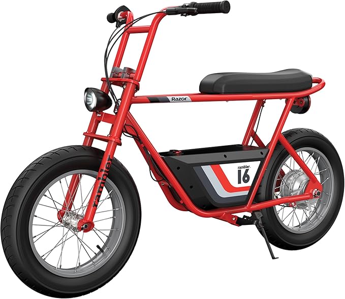 Razor Rambler 16 Electric Retro Mini Bike Ride for Teens Ages 18+, 220 lb Max Weight, Red – 350W Motor, Up to 15.6 Mph, 45-Min Run Time, Twist-Grip Throttle, Spoked Wheels w/ 16” Pneumatic Tires