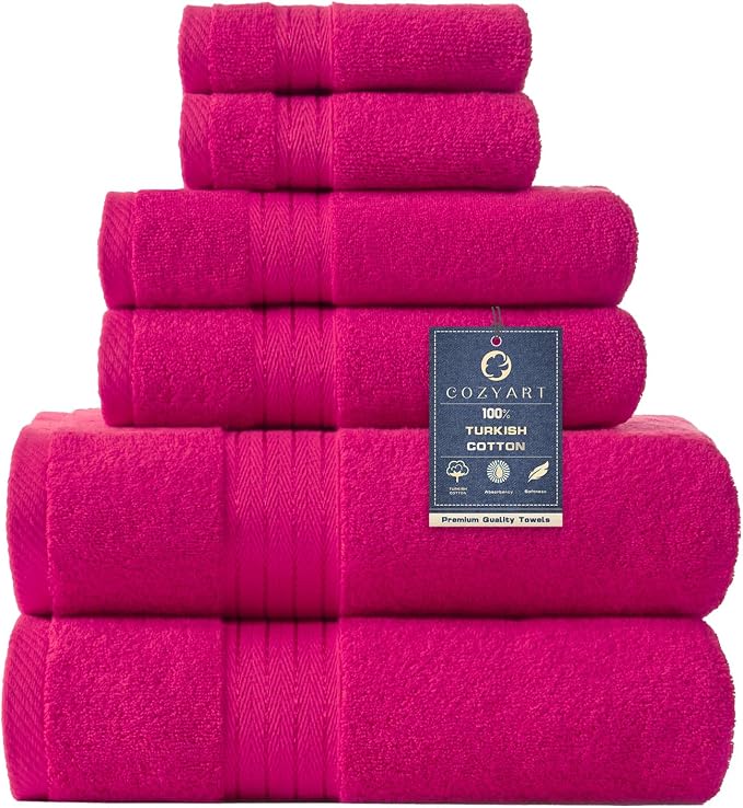 COZYART Luxury Bath Towel Set 6 Pcs, Hot Pink 100% Turkish Cotton 650 GSM | OEKO-Tex 100 Certified Zero Twist Ring Spun, Soft Absorbent Quick Dry, Plush Fluffy, Breathable Hotel Quality for Daily Use