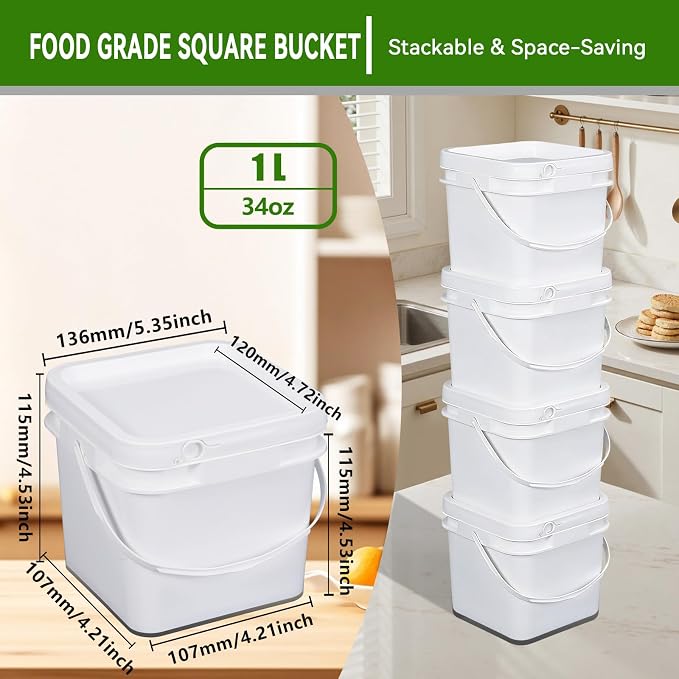 34 oz Food Storage Buckets with Lids, 4 Pack Square BPA Free Plastic Containers with Handles and Labels for Snacks, Meal Prep, Pantry and Freezer (White)