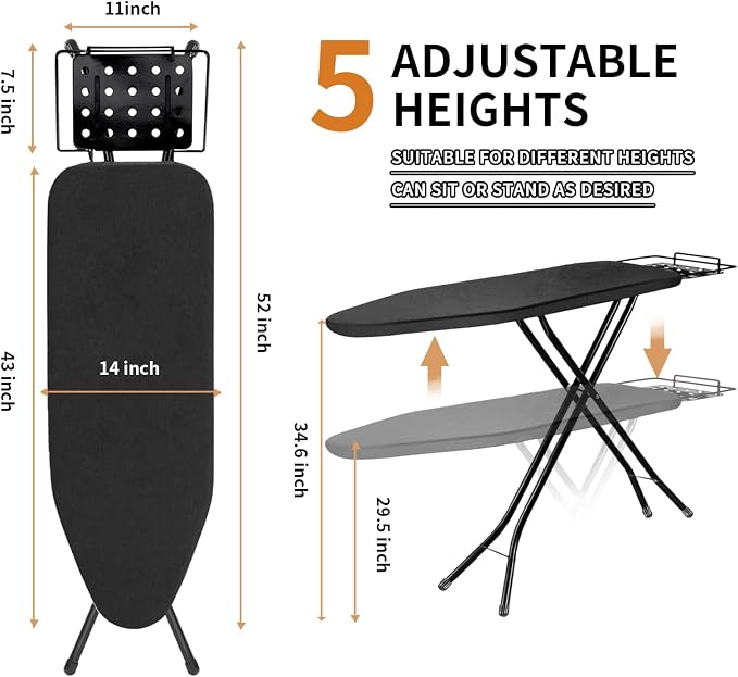 Ironing Board, 43x14 Inch Iron Board with Steam Rest, Heavy Duty Metal Frame Legs Ironing Table with Heat Resistant Cover Mat, Foldable Full Size Hanger Ironing Stand (Black, 52" L x 14" W x 34.6" H)