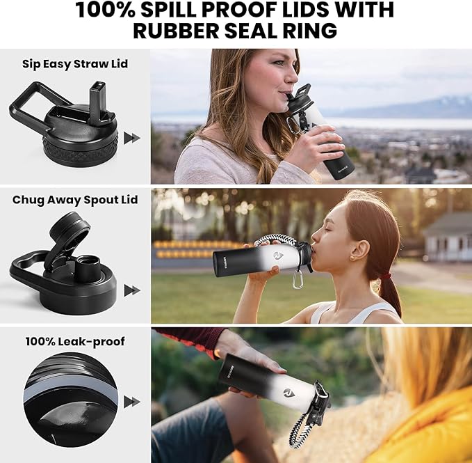 RAYMYLO Insulated Water Bottle 24 oz, Triple Wall Vacuum Stainless Steel (Cold for 24Hrs, Hot for 12Hrs), Leak Proof & Non-BPA, Modern Water Flask Jug with Paracord Handle & Straw Spout Lids