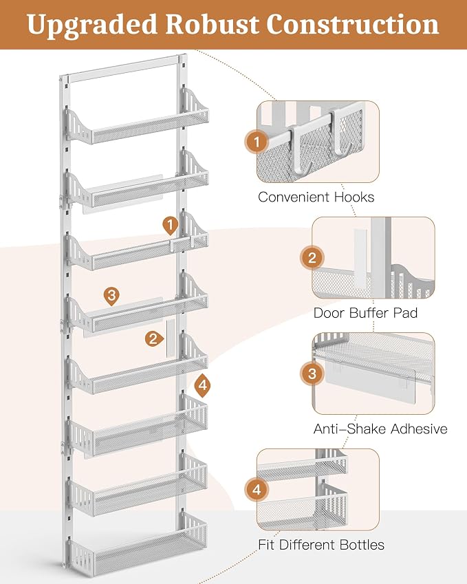POKIPO Over the Door Pantry Organizer 8-Tier, Large Metal Door Spice Rack with Adjustable Basket, 2 in 1 Wall Mount or Hanging Heavy-Duty Pantry Door Storage Shelf for Kitchen and Bathroom, White