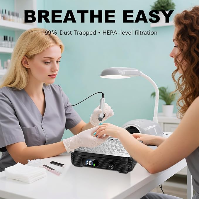 Nail Dust Collector | 1000PA Nail Dust Collector Quiet | 10 Speed Levels | Low Noise & Strong Suction | Reusable Filter, 10 Pads + Nail Dust Brush | for Acrylic Nails, Salon & Home - Black Diamond