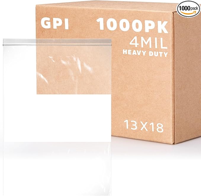 GPI - 13" x 18" - XL - Case of 1000, 4 Mil Thick, Heavy Duty, Clear Plastic Reclosable Freezer Zip Bags, With White Block for Labeling, Strong & Durable Poly Baggies With Resealable Zipper Top Lock.
