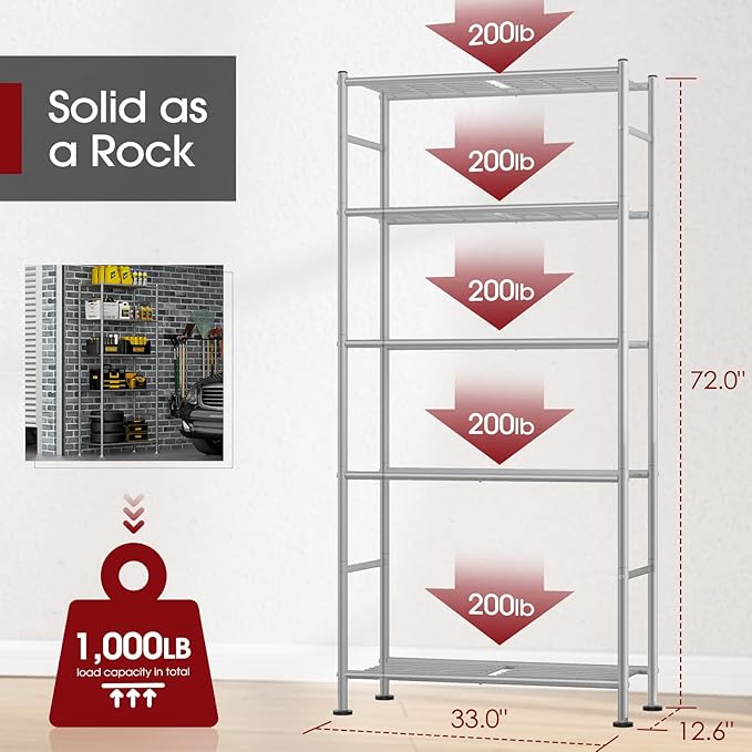 Sakugi Storage Shelves - 5 Tier Shelf Organizer, Heavy Duty Garage Shelving Unit with Leveling Feet, Stable Metal Shelves Organizer for Pantry, Kitchen and Closet, 33.0" W x 12.6" D x 72.0" H, Silver