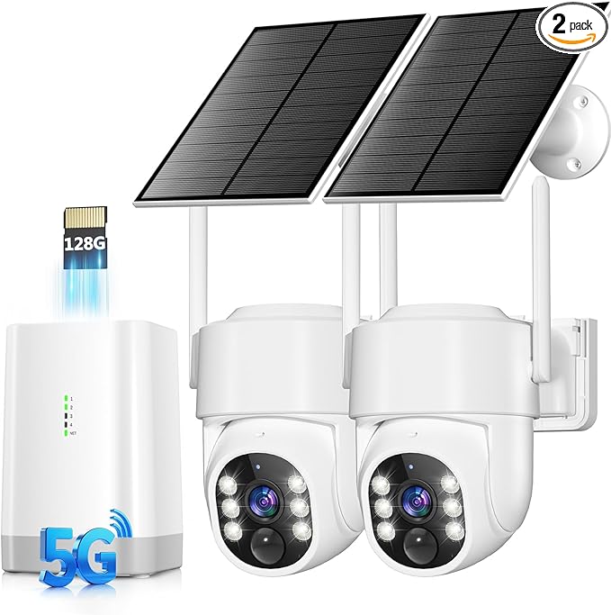 Security Cameras Wireless Outdoor 5G& 2.4G, No Subscription, 2 Cam-Kit,4MP Solar Powered Home Security Cameras System With 360°PTZ,128GB Local Storage,Color Night Vision WiFi Cameras for Home Security