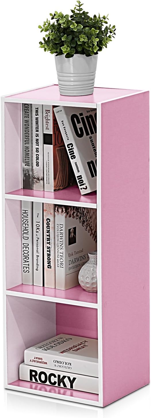 Furinno LUDER Book Shelf, 3-Cube Bookshelf, Bookcase with Open Shelves, 9.3 x 12 x 31.5, Easy Assembly, for Living Room, Bedroom, Home Office, White/Pink