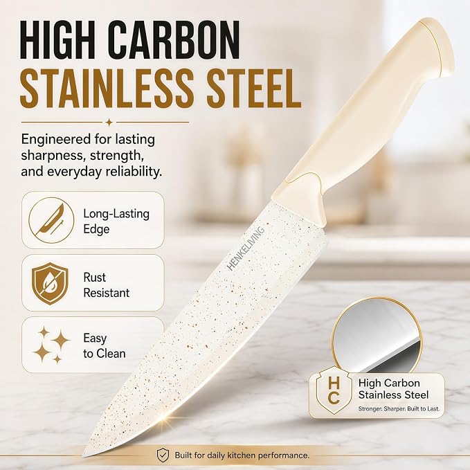 14-Piece Cream Kitchen Knife Block Set with Built-in Sharpener | Dishwasher safe, german high-carbon stainless steel blades, ultra-sharp edges, ergonomic non-slip handles