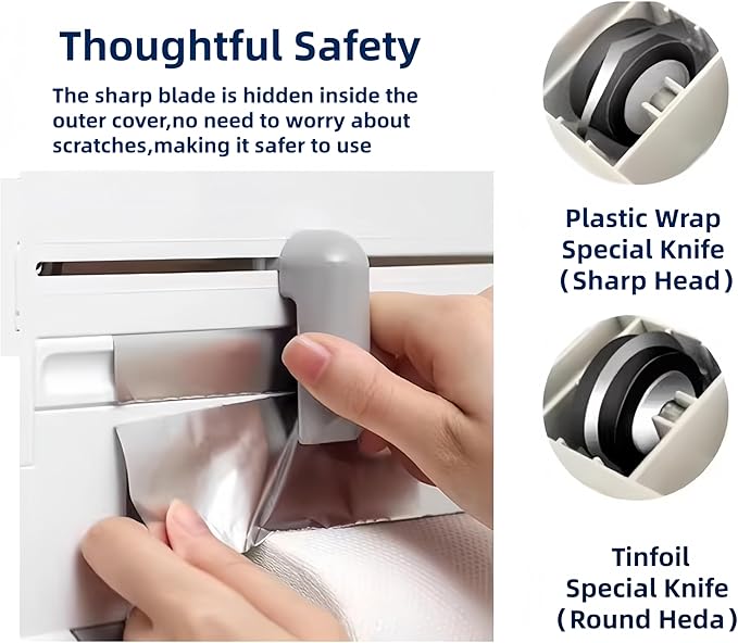 6-in-1 Wall Mounted Plastic Wrap&Foil Dispenser with Cutter–PP Kitchen Organizer w/Paper Towel, Tape, Bag&Small Tray, No Drill/Screw Mount White-Aluminum Foil Rack Organizer&Organizer Foil Cling Wrap