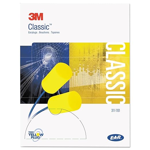 3M Ear Plugs, E-A-R Classic 311-1101, 200 Pairs of Disposable Earplugs, 1 Pair/Poly Bag, Corded, Noise Reduction Rating 29 dB NRR, Foam, Regular Size, Roll Down, Compliant with ANSI/ASA S12.71-2018