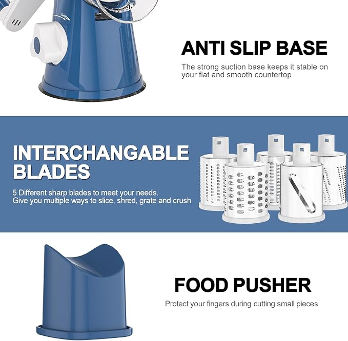 Cambom Rotary Cheese Grater Hand Crank Cheese Shredder for Fresh Cheese, Vegetable, Nuts,Non-slip Suction Base, Five Blades, Dark Blue