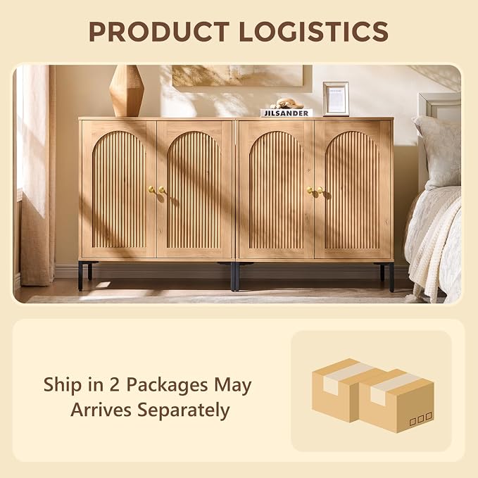 IFGET 61.75" W Modern Arched Sideboard Buffet Cabinet with Storage, Natural | Fluted Arch Sideboard Cabinet w/Adjustable Shelves, Wooden Modular Kitchen Cabinet for Dining& Living Room, Entryway