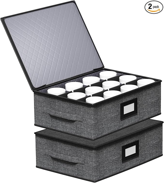 2-Pack Cup Storage Box with Dividers, Hard Shell Mug Organizer with Lid | Holds 24 Mugs, Teacups & Glasses, Quilted, Dual Zippers, Reinforced Handles, Stackable, Moving and Seasonal Storage, Grey