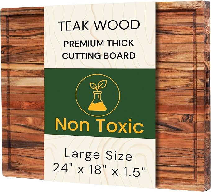 Extra Large Teak Wood Cutting Board 24x18 Inch for Meat, Brisket & Professional Kitchen Prep, 1.5" Thick Edge Grain Butcher Block with Deep Juice Groove & Handle, Non-toxic Board by New M Way
