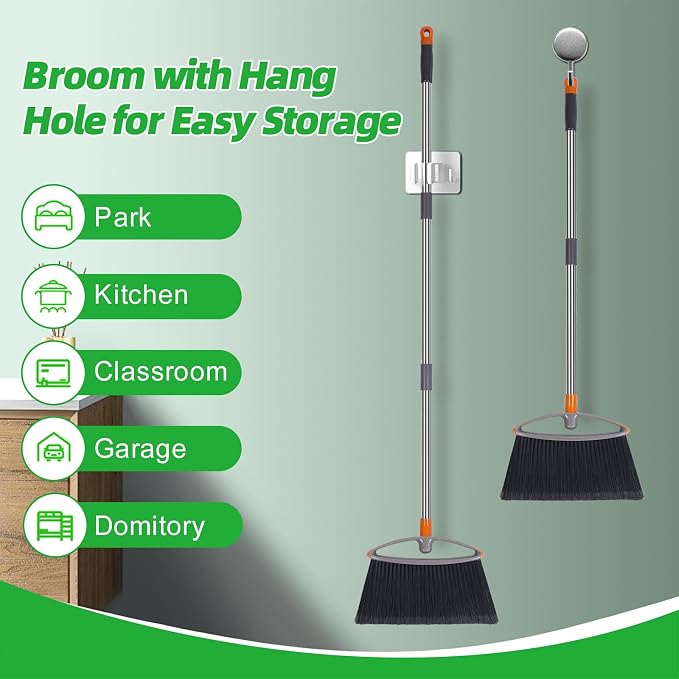 2 Pack Soft Bristle Broom for Pet Hair, Heavy Duty Collapsible Sweeping Broom for Indoor Hardwood Floors, Outdoor Deck, Kitchen, Patio, Stainless Steel Handle, Gray