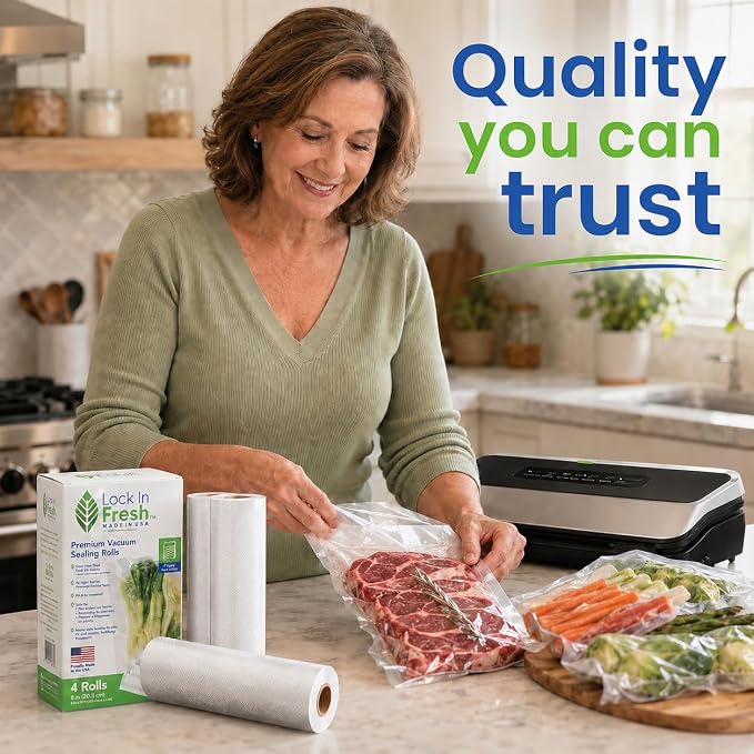 Vacuum Sealer Bags for Food - Heavy Duty Food Saver Vacuum Sealer Bag Rolls - Sous Vide, Seal a Meal Bags, 4-pack, 11" x 16' - Made in the USA