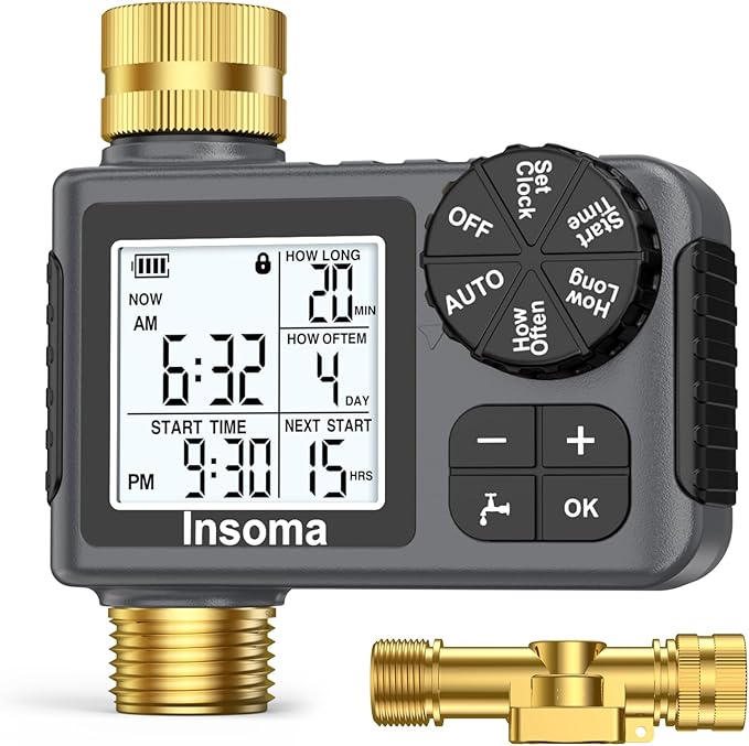 Water Timer for Garden Hose with 100% Metal Pipe, Programmable Sprinkler Controller for Garden Faucet with Auto/Manual/Rain Delay Mode, Irrigation Timers for Lawn, Yard, Outdoor Plants