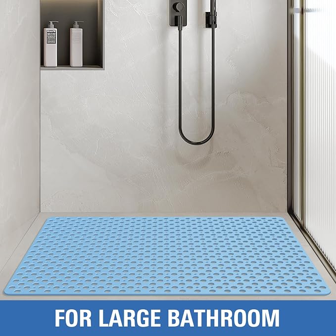 OTHWAY Large Shower Mat, 47"x 32" TPE Anti Slip Shower Mat, Heavy Bath Mats for Shower with Drain Holes Suction Cups, Shower Stall Mat for Bathroom, No Odor Shower Grip Mat for Elderly Kids(L-Blue)