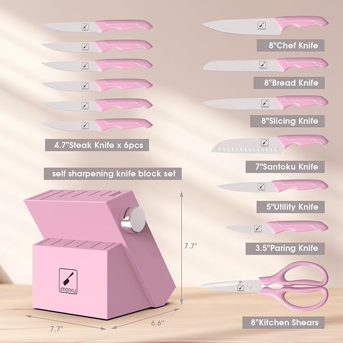imarku 14-Piece Japanese High-Carbon Stainless Steel Kitchen Knife Set，Pink | Knife Set with Block|15°Precision Edge | 56±2 HRC Hardness | Built-in Sharpener|Ergonomic Handles|Gifts Mom & Dad
