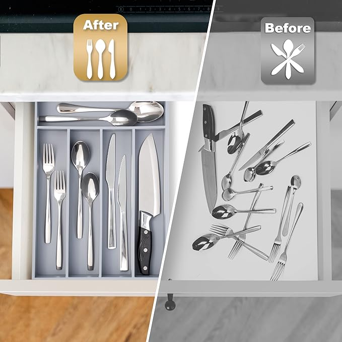 Besilord Bamboo Silverware Holder - Drawer Organizer with 5 Slots (Gray)
