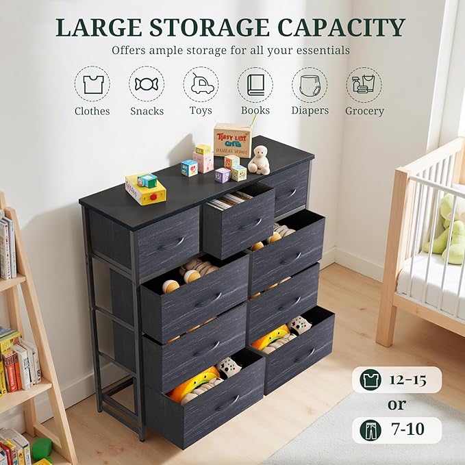 9-Drawer Dresser for Bedroom, Anti-Tip Tall Storage Organizer Chest of Drawers with Wooden Top and Metal Frame Fabric Bins for Closet, Living Room, Hallway, Entryway, Charcoal Black