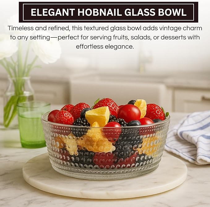 Khen Hobnail Glass Bowl Breaded Clear Borosilicate Decorative Tableware for Fruit, Salad or Centerpiece Display, Vintage Style 7 Inch Round Dish Ideal for Dining Table, Coffee Table or Kitchen Use