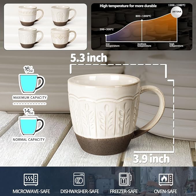 Artena Ceramic Coffee Mugs Set of 4, 16oz Embossed Large Latte Mugs Coffee Cups with Handle for Tea, Latte, Cappuccino & Cocoa, Milk Dishwasher & Microwave Safe, White (Wheat Leaf)