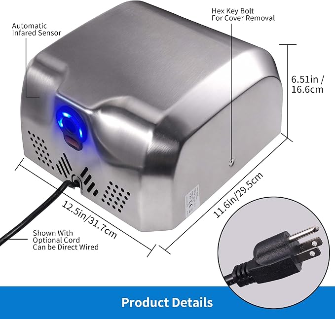Goetland UL Approved Commercial Hand Dryer 1800w Stainless Steel Automatic High Speed Heavy Duty Hand Blower Dull Polished for Bathroom Business Restaurant Industrial Home Use