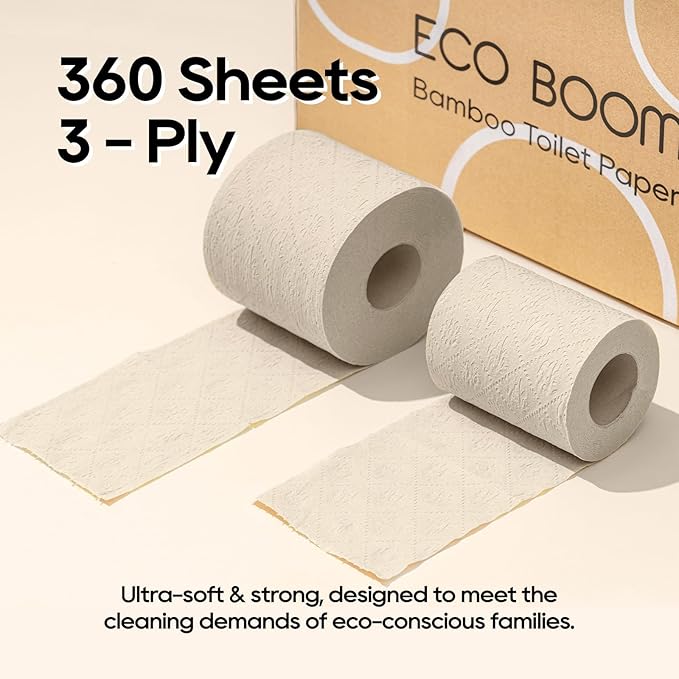 ECO BOOM Unbleached Bamboo Toilet Paper, 100% Tree-Free & Plastic-Free Packaging, 24 Mega Rolls, 360 Sheets & 3-Ply | PFAS Free, BPA Free, Septic Safe & FSC Certified