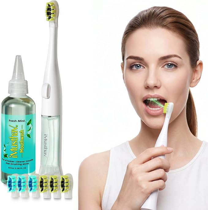 Sonic Electric Toothbrush with Built-in Mouthwash Reservoir & Pump | Battery Powered, Blue LED Light, Whitening Toothpaste, 3 Modes with Smart Timer, 6 Replacement Brush Heads