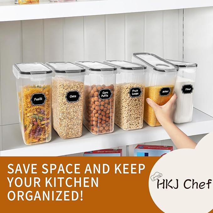HKJ Chef Cereal Containers Storage Set (4L / 135.2oz), 6PCS Airtight Food Storage Containers with Lids, Cereal Dispensers for kitchen Pantry Organizers and Storage with Pour Spout, 20 Labels, Marker