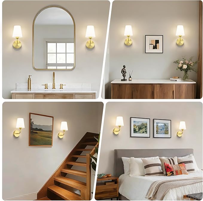 Modern Bathroom Vanity Light, Brushed Gold Bathroom Light Fixtures, Set of 2 Lighting Fixtures Over Mirror, Modern Wall Sconce with Flared White Fabric Shade, E26 Socket(ETL Listed)
