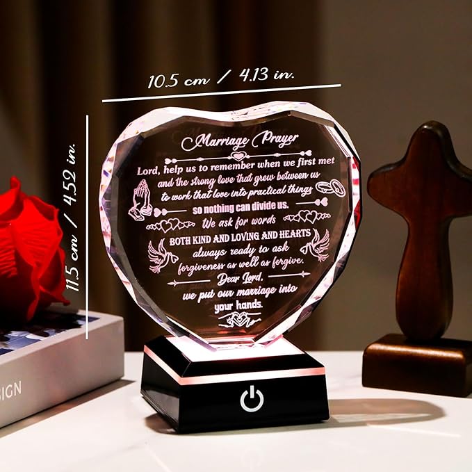 Crystal Marriage Prayer Gifts for Couple Heart-shaped Wedding Keepsake with LED Base for Her Him Romantic Anniversary Plaque for Wife Husband on Valentine's Day Birthday Wedding Engagement