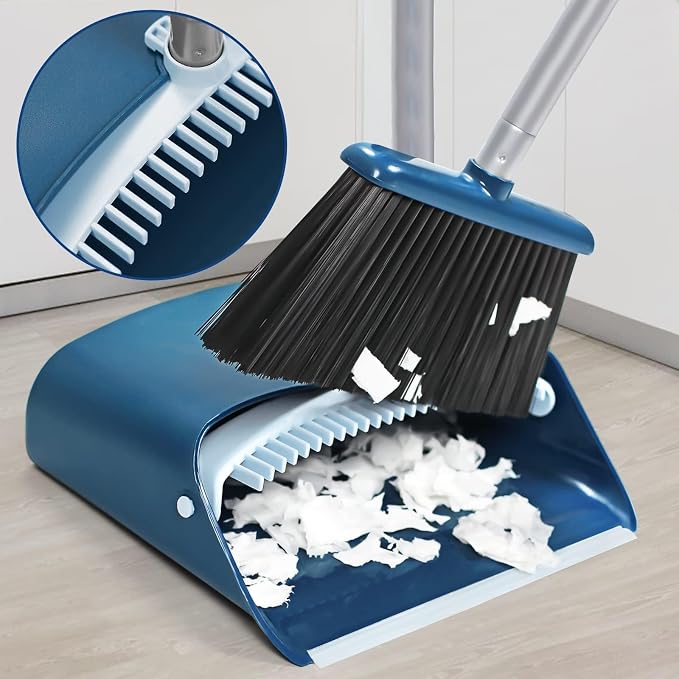 TreeLen Standing Dustpan and Broom Set with 52 Inch Long Extendable Handle for Cleaning Home, Interiors, Kitchens, Office Lobby Floors, Blue