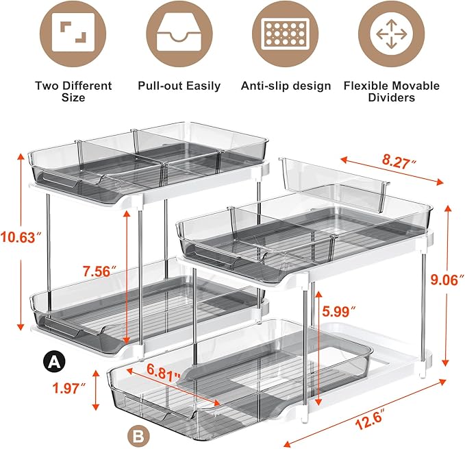 Delamu 2-Tier Multi-Purpose Bathroom Under Sink Organizers and Storage, Stackable Kitchen Pantry Organization, Pull Out Medicine Cabinet Organizer with Movable Dividers, Grey, 2 Pack