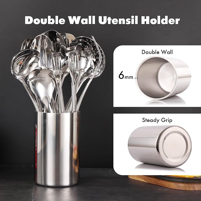 18/10 Stainless Steel Kitchen Utensils Set with Holder for Countertop | 15″ Spatula Spoon Set with Storage Organizer, 12-Pieces, Fork, Tongs, Spatula, Ladle, Skimmer, Turner, Spaghetti, Large Spoon
