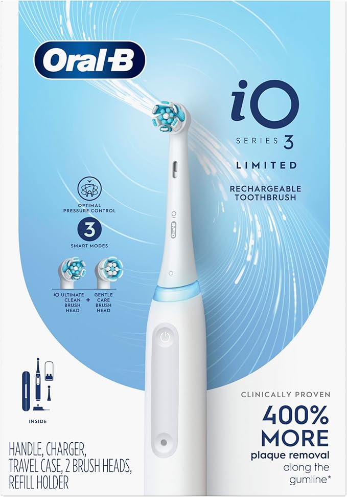 Oral-B Rechargeable Electric Toothbrush, iO3 Limited Deep Clean, 3 Cleaning Modes, Visual Pressure Sensor to Protect Gums, 2 Brush Heads, Travel Case, White