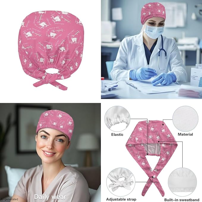 Gomyblomy Women's Scrubs Suit 3-Piece Set | Teeth Print V-Neck Top & Pants & Cap, Breathable and Stretch Fabric, S-5XL
