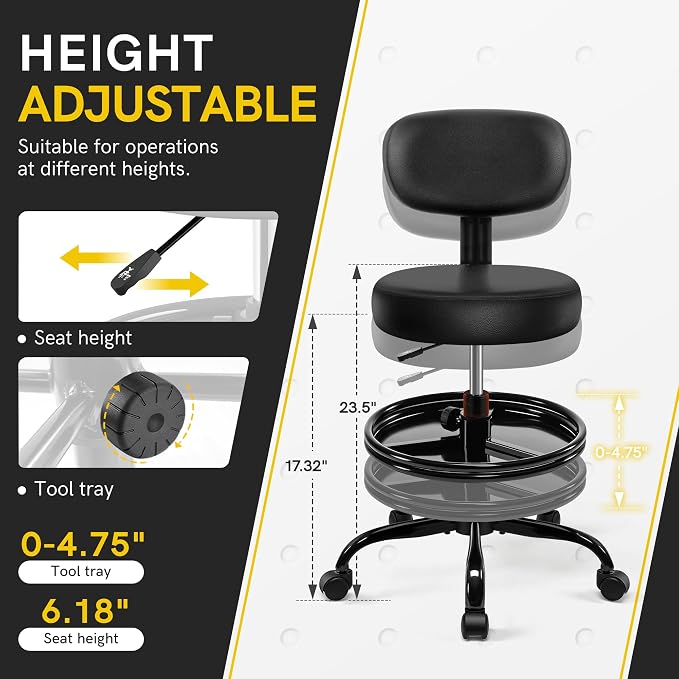 BestGlory Rolling Shop Stool with Wheels, Adjustable Height Heavy Duty Garage Stool with Storage Tray and Footrest, Garage Mechanic Stool Chair with Backrest for Workshop Kitchen Salon
