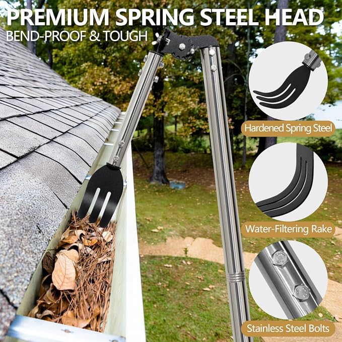 8.5 FT Gutter Cleaning Tool from the Ground with Spring Steel Rake | Dual-Axis Spring Steel Gutter Cleaner, Adjustable Length Cleaning Pole with Gutter Rake for Leaves, Muck and Roof Debris