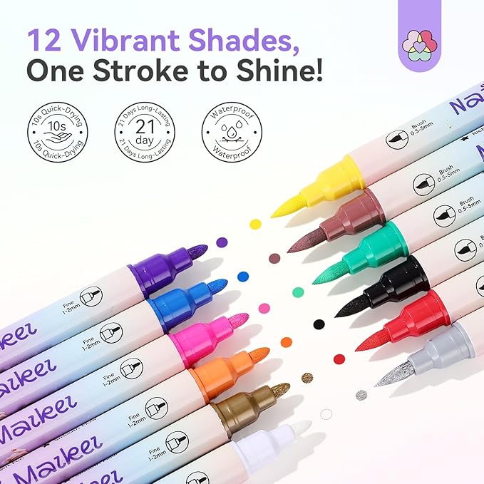 SAVILAND 12 Colors Nail Polish Pens Set: 20s Quick-Drying Dual-Tip Acrylic Paint Nail Art Pens Fine Tip for Painting Nails, Drawing Dots, Lines & Designs, Home DIY Nails Art Supplies