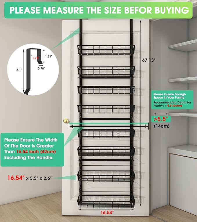 Mefirt Over The Door Pantry Organizer, Wall Mount Spice Rack, Pantry Hanging Storage and Organization, 8 Adjustable Baskets Heavy-Duty Metal for Home & Kitchen, Back of Door Seasoning Rack - Black