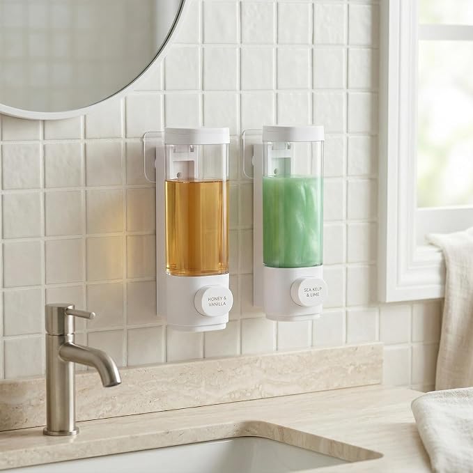 Junkin 4 Pcs Manual Bathroom Wall Mounted Soap Dispenser, 300ml White Kitchen Bathroom Commercial Shower Clear Refillable Soap Dispenser Clear Plastic Refillable Liquid Lotion Pump and Organizer