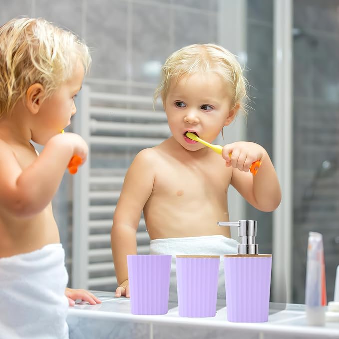 XLHOMO Purple Bathroom Accessory Set, Light Purple Bathroom Set with Trash Can, Tray, Toothbrush Holder,Toothbrush Cup,Soap Dispenser,Soap Dish,Toilet Brush and Qtip Holders