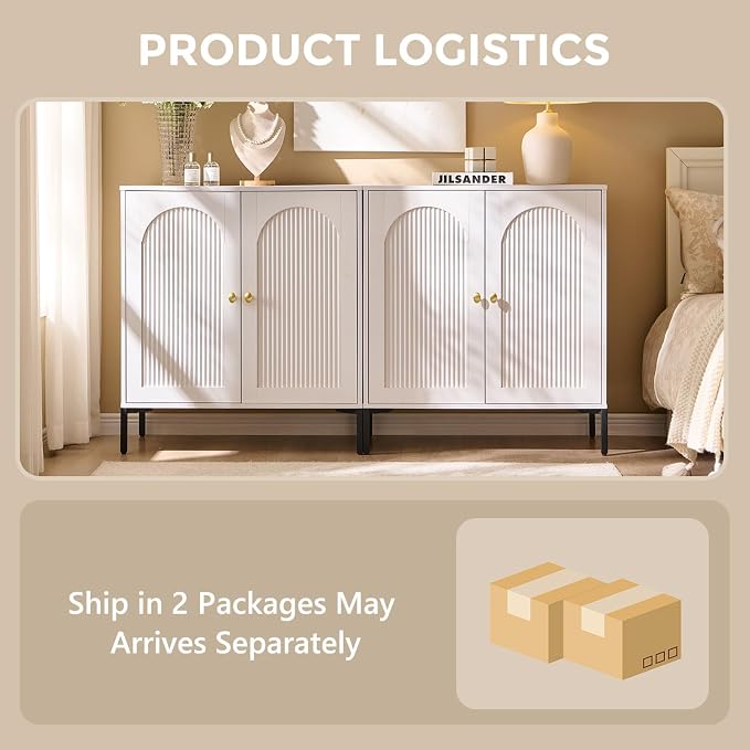 IFGET 61.75" W Modern Arched Sideboard Buffet Cabinet with Storage, White | Fluted Arch Sideboard Cabinet w/Adjustable Shelves, Wooden Modular Kitchen Cabinet for Dining& Living Room, Entryway
