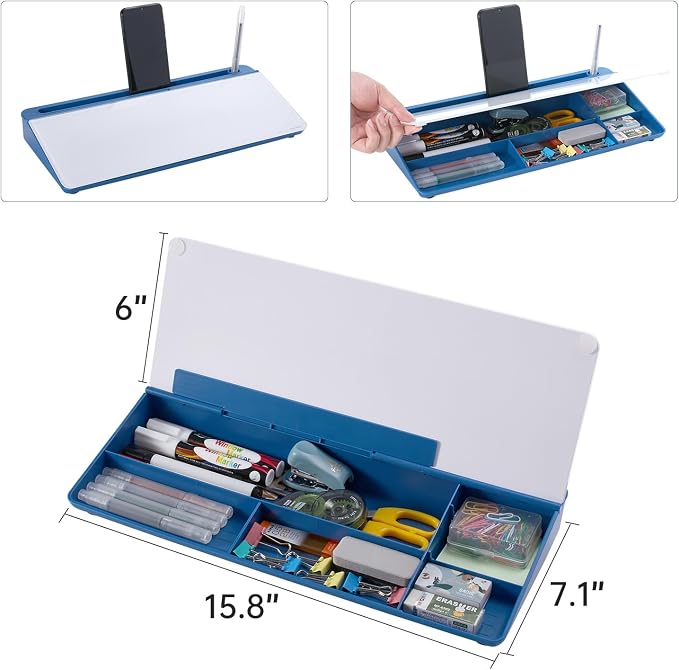TSJ OFFICE Desktop Whiteboard Dry-Erase-Board - Computer Keyboard Stand White Board Surface Pad with Drawer, Desk Organizers with Accessories for Office, Home, School Supplies - Blue
