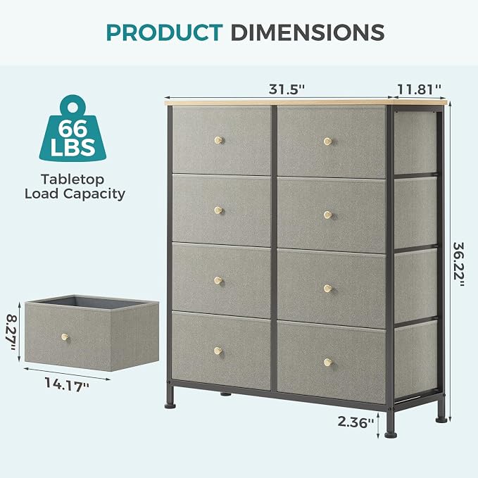 OLIXIS 8 Drawer Storage Dresser with Wood Top - Wide Fabric Chest Organizer for Bedroom, Closet, Living Room,Tower Cabinet, TV Stand, Hallway Entryway Furniture,Dark Green