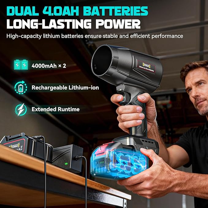 DIYtoolifz Cordless Leaf Blower with 2x4.0Ah Batteries, 800,000 RPM Brushless Motor, Adjustable Speed, Lightweight Portable Electric Blower for Car, Patio, Garden & Indoor Cleaning, 3 Nozzles Included