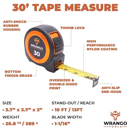 Wrango Tools 30 FT Tape Measure - Retractable Measuring Tape - Oversized & Double-Sided Print - Blade Lock, Finger Brake - High Performance Nylon Coating, 10' Stand-Out - 13' Reach / 1-1/16" Blade