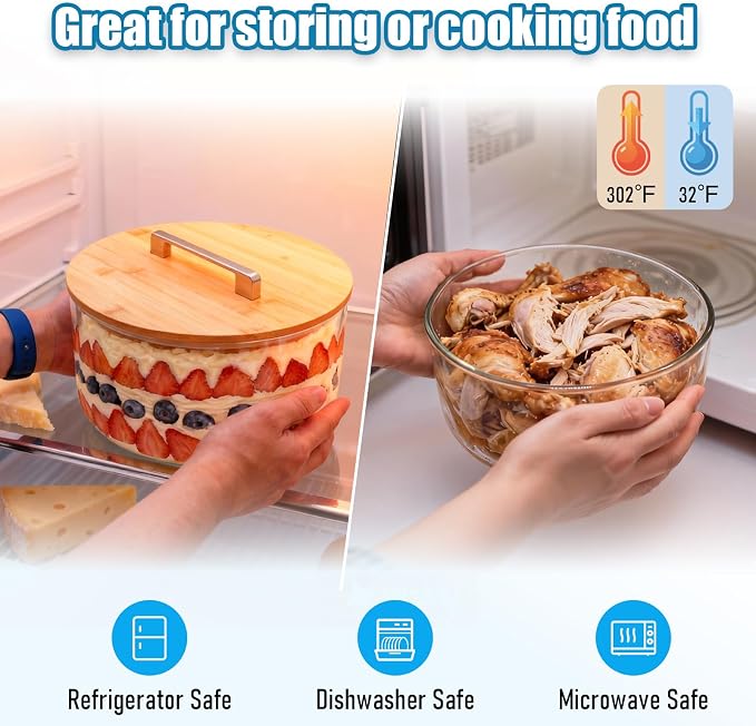 Acelane 9 Inch Glass Trifle Bowl with Sealed Lid, Large Salad Bowl, Modern Versatile Mixing and Serving Bowl for Salad, Dessert, Laying Ice Cream, Cake and Party, Home, Microwave & Dishwasher Safe
